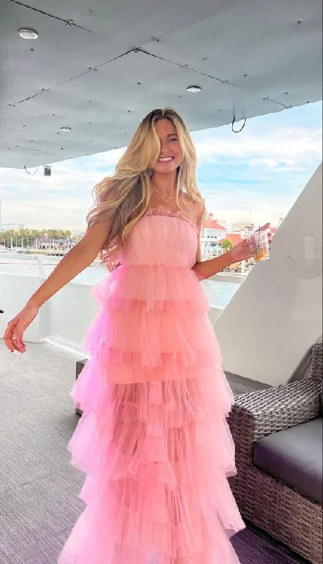 Strapless Pink Tulle A Line Prom Dress Long Party Dress gh2818