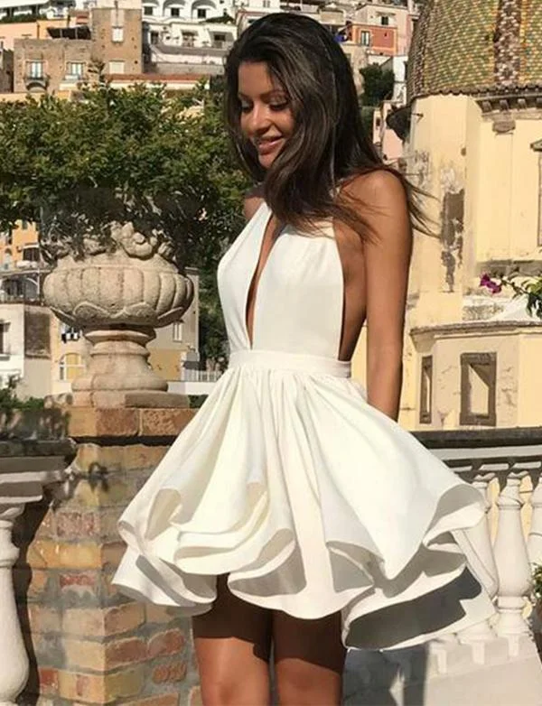 Deep V Neck White Short Homecoming Dresses 2024 Party Dresses  gh1685