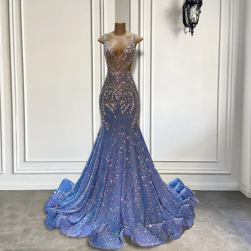 Luxury Long Prom Dresses 2024 Sparkly Mermaid Style Silver Crystals Light Blue Prom Party Gowns gh2656