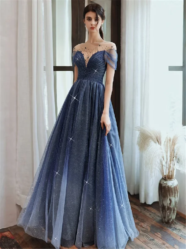 Starry Blue Prom Dress Off Shoulder Floral Event Dress Sparkling Long Party Dress Aline Event Dress Gradient Long Dress Fairy Glitter Dress gh2637