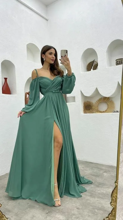 Spaghetti Straps Long Sleeves Green Evening Dress Formal Party Dress With Slit  gh2766