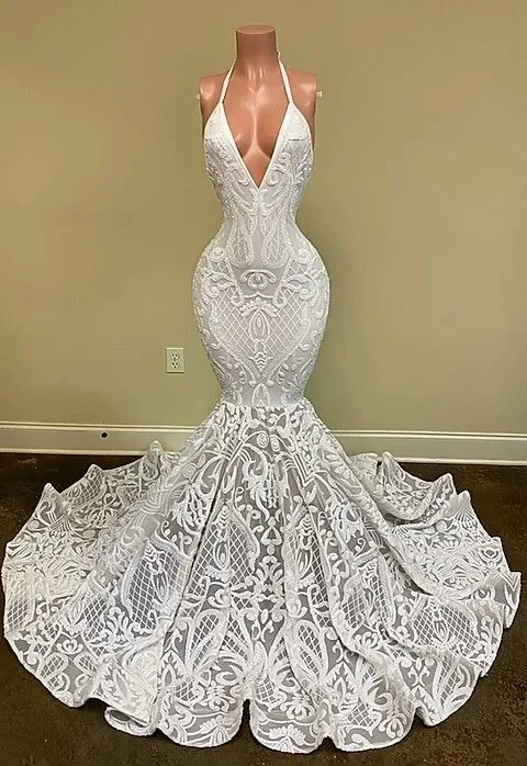 white sparkly lace prom dresses long mermaid halter luxury sexy elegant formal party dresses gh2407