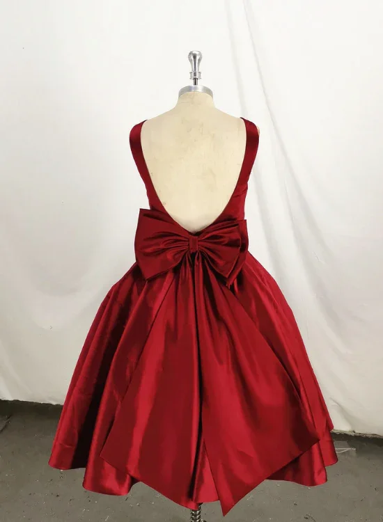 Dark Red Satin Backless Vintage Style Party Dress With Bow, High Quality Handmade Dress  gh509