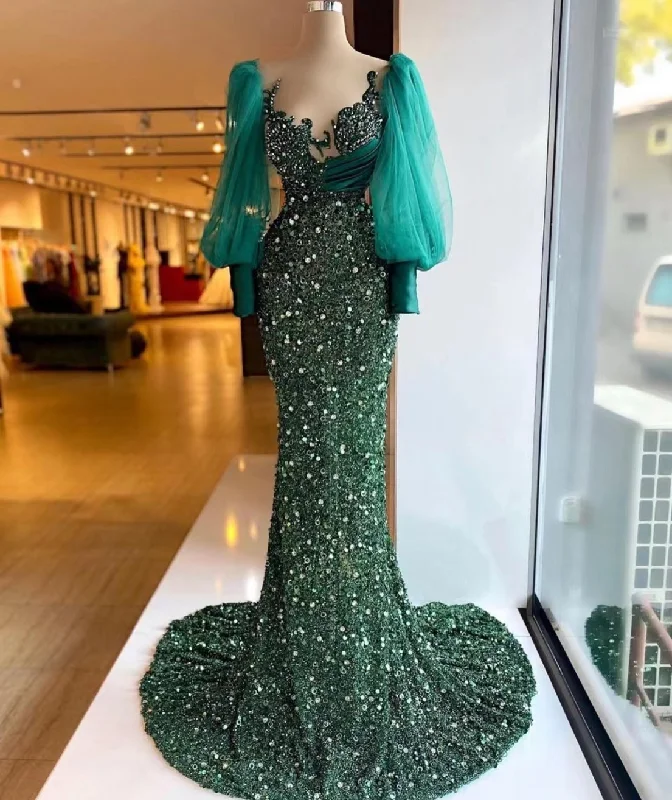 hunter green evening dresses long sleeve modest elegant sparkly mermaid luxury formal party dresses women evening gown  gh2364