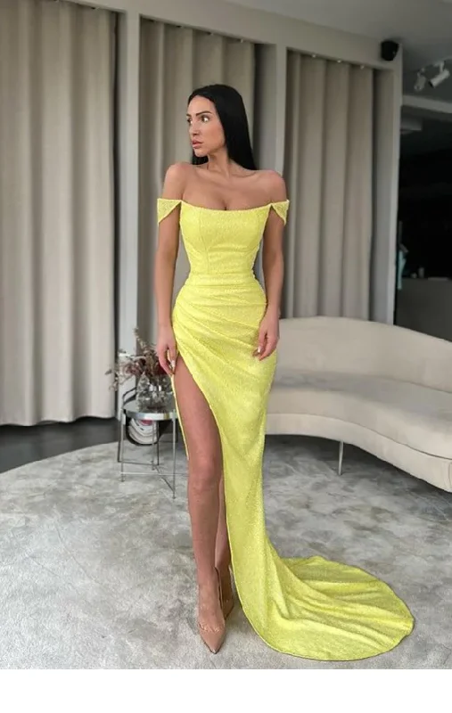 Yellow Off Shoulder Mermaid Side Slit Long Prom Dress With Train,Party Dress,Evening Dress ,Slit Dress  gh2381