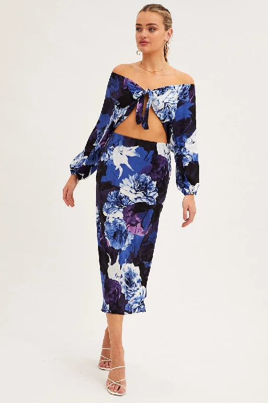 Abstract Print Slip Skirt Midi Satin