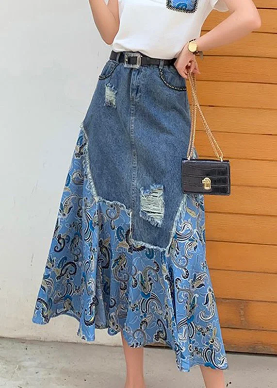 Blue Denim Patchwork High Waist Button Maxi Skirt