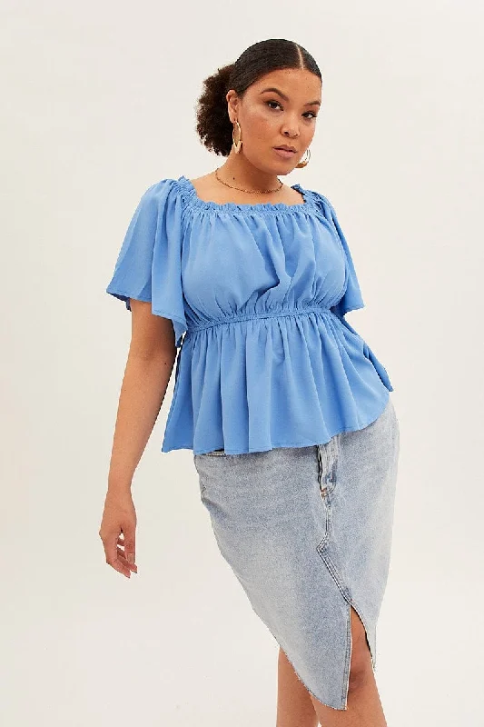 Blue Textured Top Off Shoulder Crepe Jersey