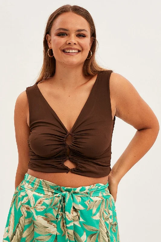 Brown Crop Top Sleeveless Peephole Front Detail Jersey