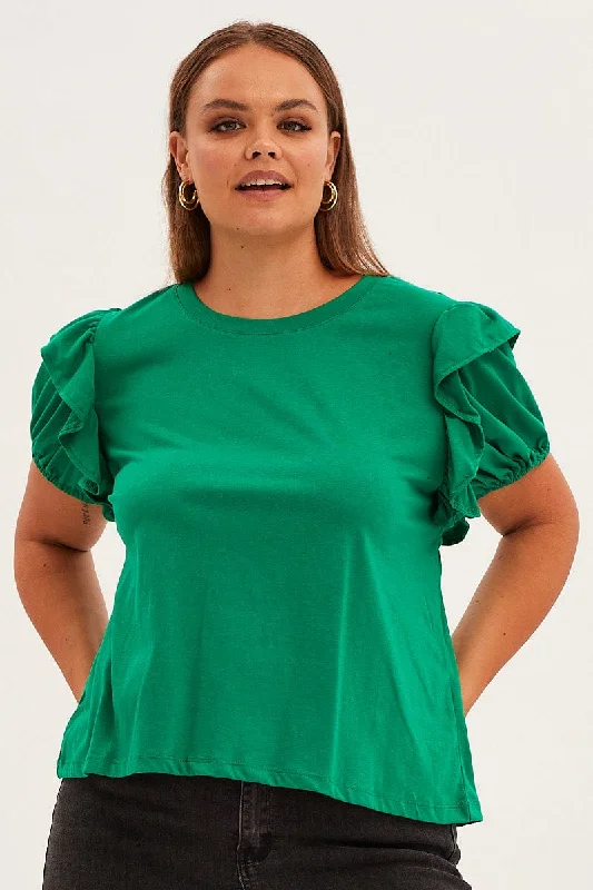 Green Jersey Top Short Frill Sleeve