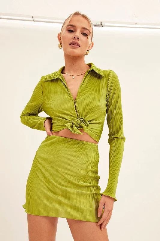 Green Mini Skirt Plisse Satin