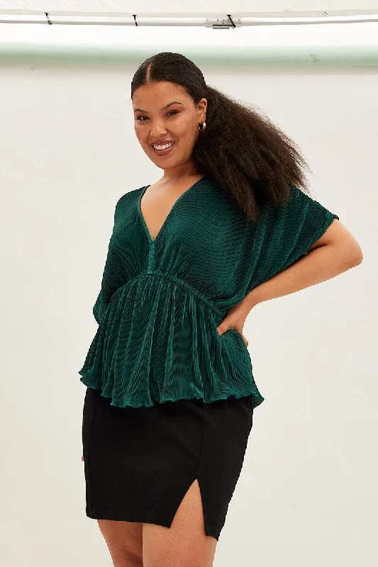 Green Short Sleeve V-neck Plisse Top