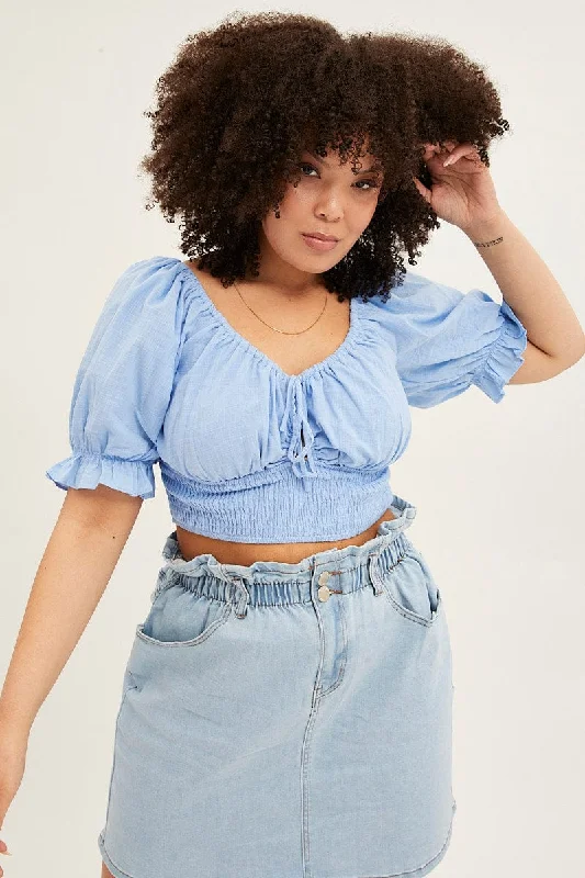 Light Blue Crop Top Short Sleeve Cut Out Cotton