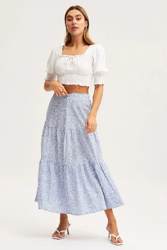 Print Midi Skirt High Rise Tiered