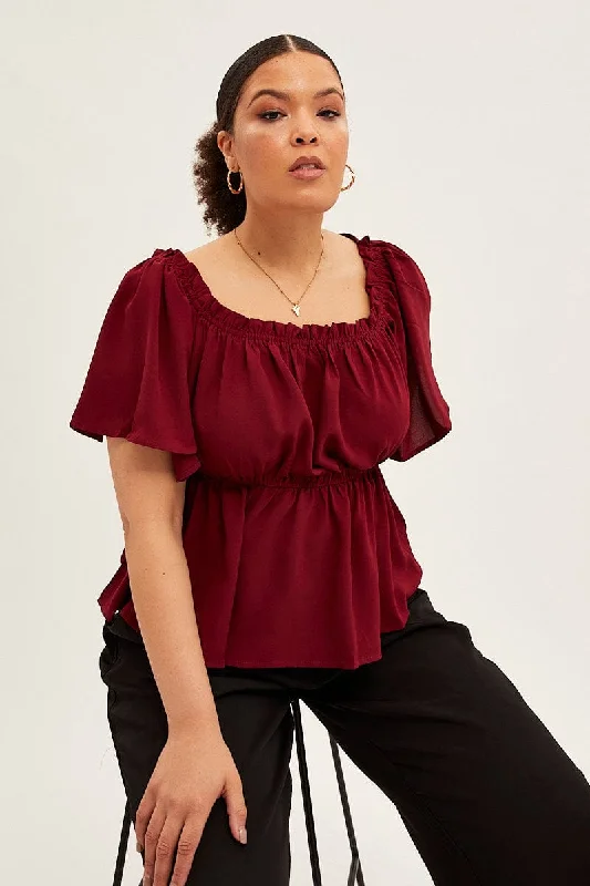 Wine Textured Top Off Shoulder Crepe Jersey