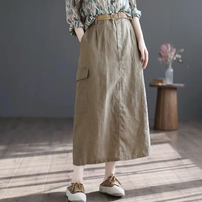 Women Casual Solid Color Linen Minimalist Retro Skirt