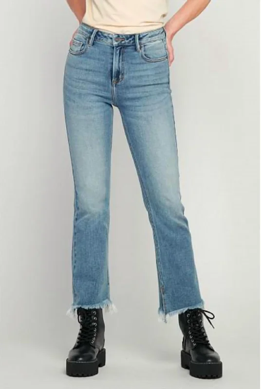 Mid Rise Flare Cropped Flare With Slit Jeans In Medium Wash