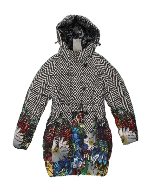 DESIGUAL Womens Hooded Padded Coat EU 40 Medium Grey Floral Polyester