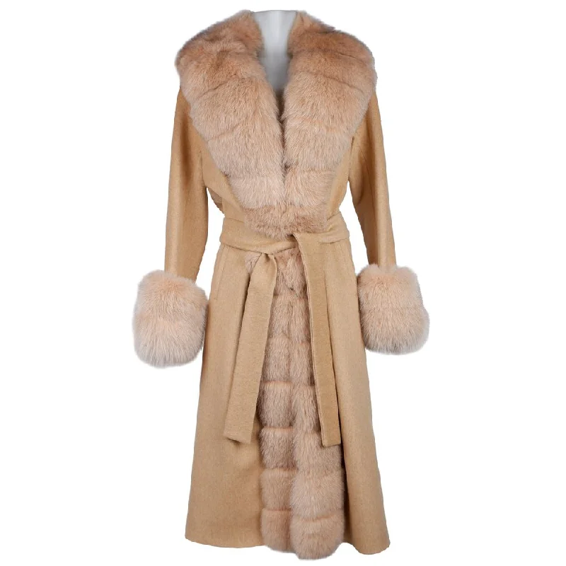 Elegant Beige Wool Coat With Fox Fur Trim