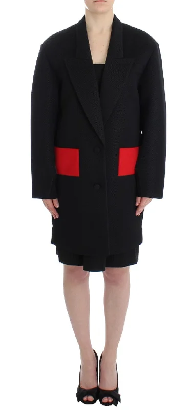 Elegant Draped Long Coat In Black With Red Accents