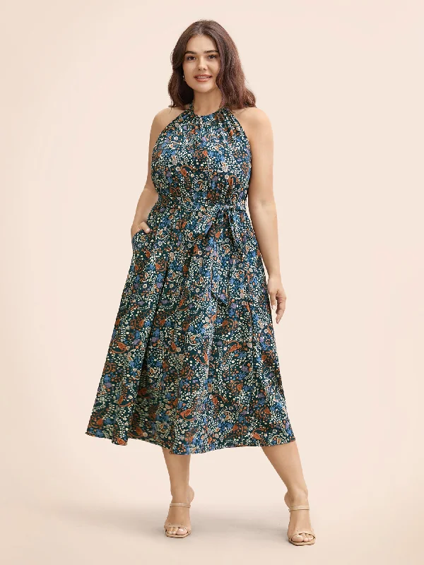 Bandana Print Halter Belted Pocket Dress