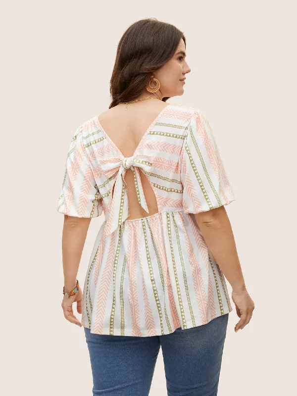 Bandana Striped Back Tie Lantern Sleeve T-shirt