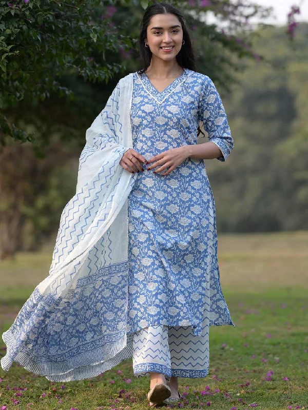 Blue Printed Cotton Straight Suit With Dupatta