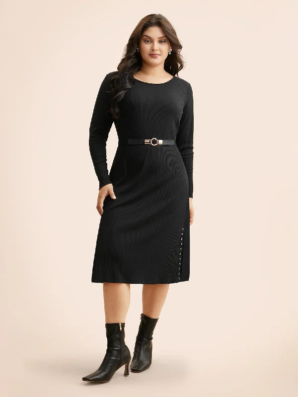 Crew Neck Eyelet Split Hem Dress