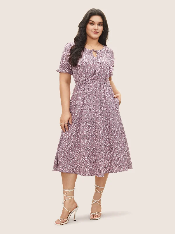 Ditsy Floral Ruffle Trim Ties Lantern Sleeve Dress