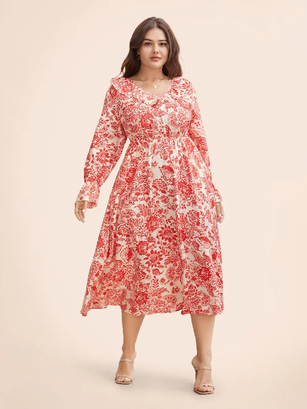 Floral Lantern Sleeve Ruffle Trim Dress