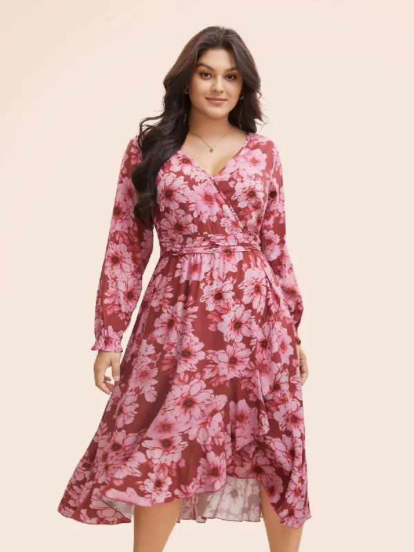 Floral Overlap Collar Ruffle Trim Dress