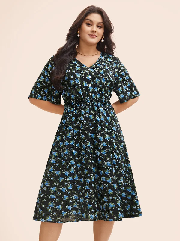 Floral Shirred Ruffle Sleeve Pocket Dress