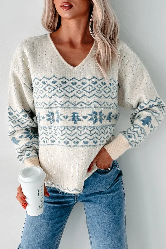 Forecasting Snow Sequin Holiday Sweater (Cream/Blue)