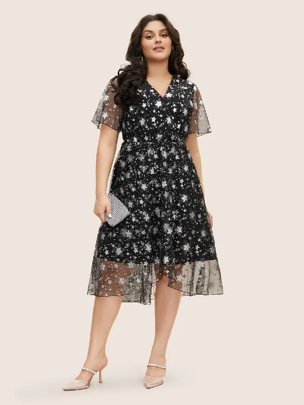 Glitter Star Mesh Patchwork Ruffle Sleeve Dress