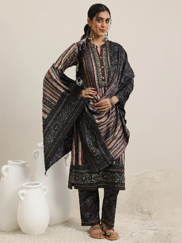 Grey Printed Wool Blend Straight Suit With Dupatta