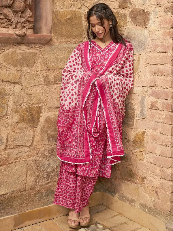 Pink Printed Cotton Straight Suit With Dupatta