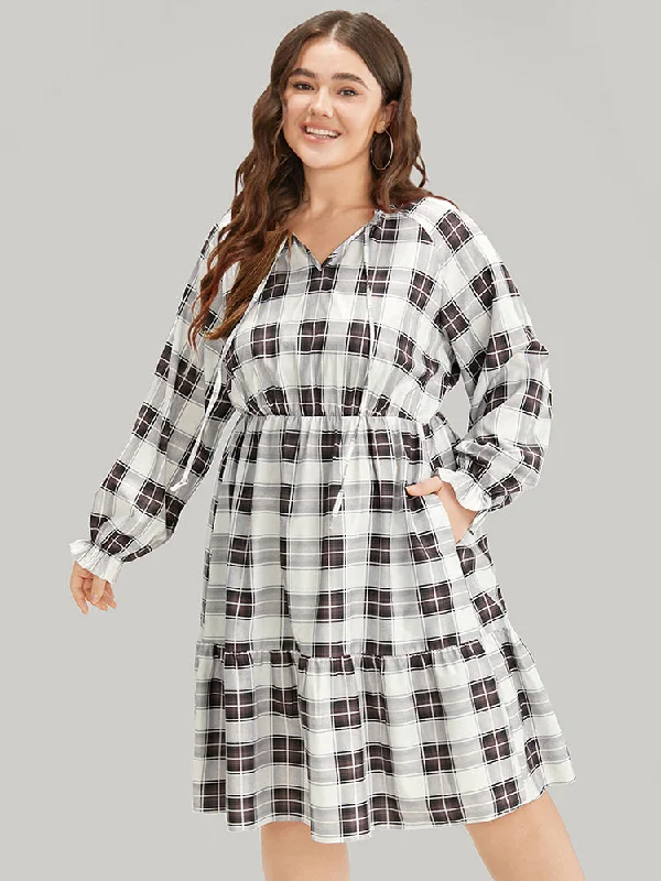 Plaid Ties Ruffle Trim Layered Raglan Sleeve Dress