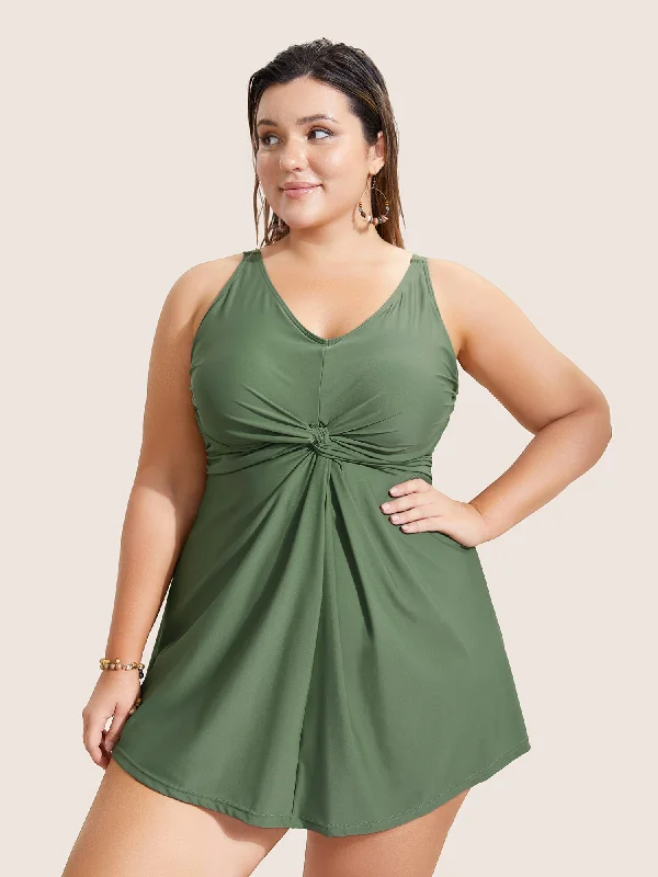 Plain Twist Front Gathered Swim Dress