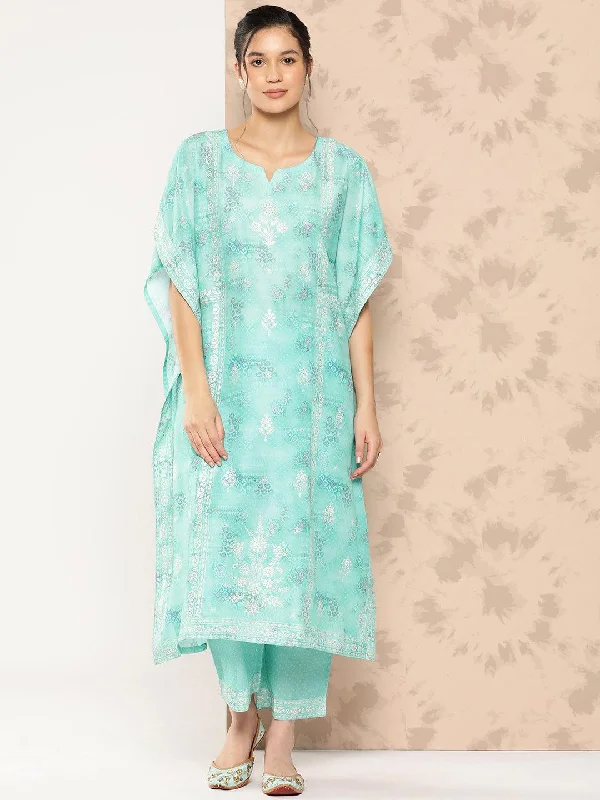 Sea Green Printed Silk Blend Kaftan Kurta With Trousers