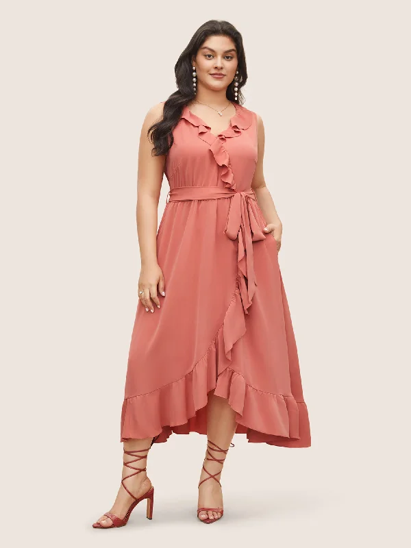 Solid Ruffles Patchwork Arc Hem Belted Dress