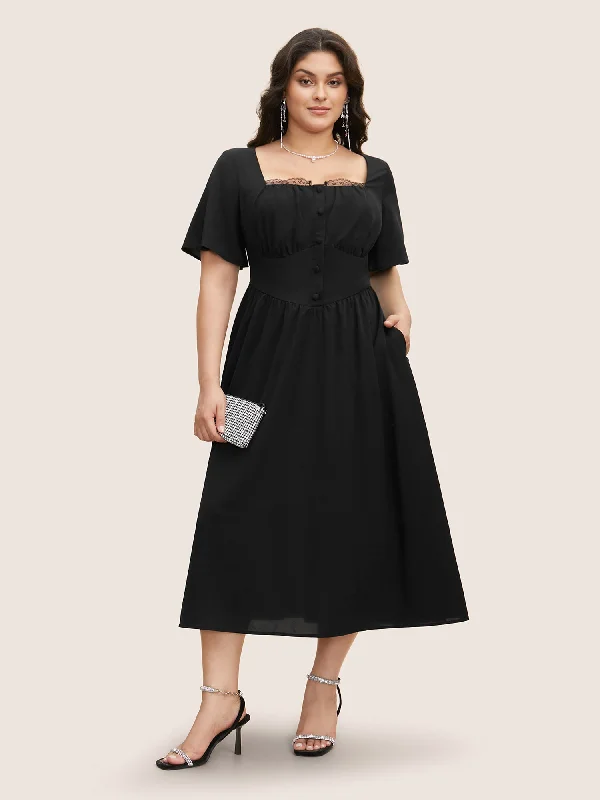 Square Neck Guipure Lace Ruffle Sleeve Dress