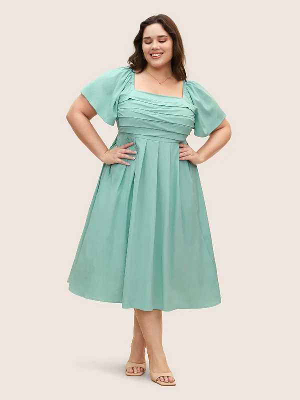 Square Neck Solid Pleated Ruffle Sleeve Dress