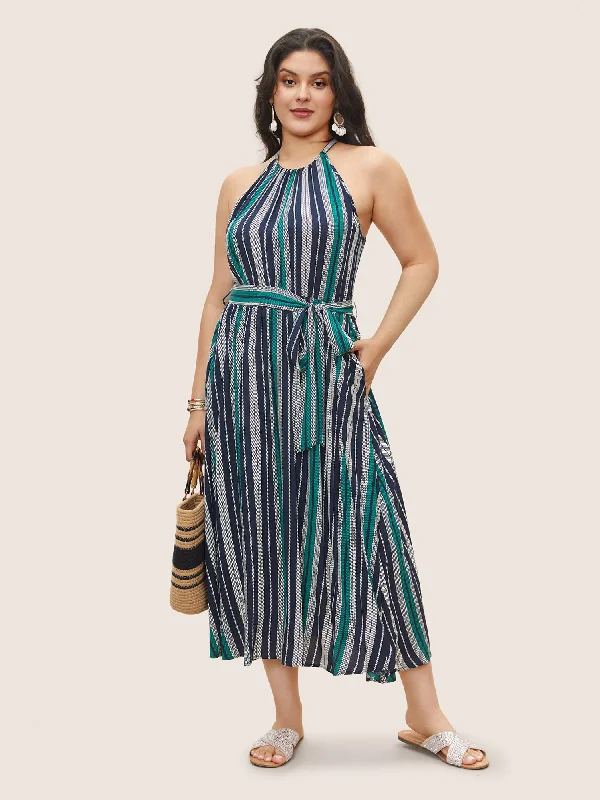 Striped Belted Halter Pocket Dress