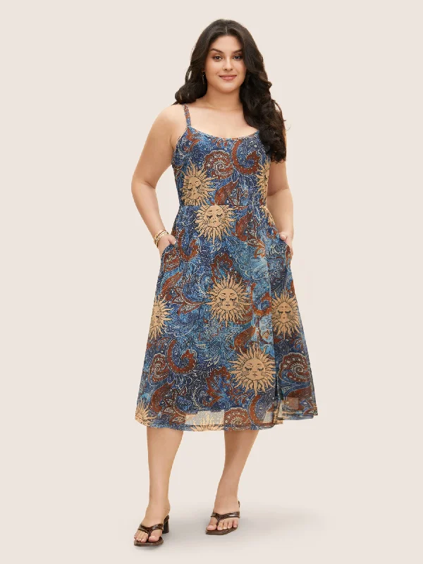 Sun Face Print Split Side Adjustable Straps Dress