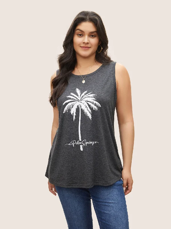 Tropical Print Heather Crew Neck Tank Top