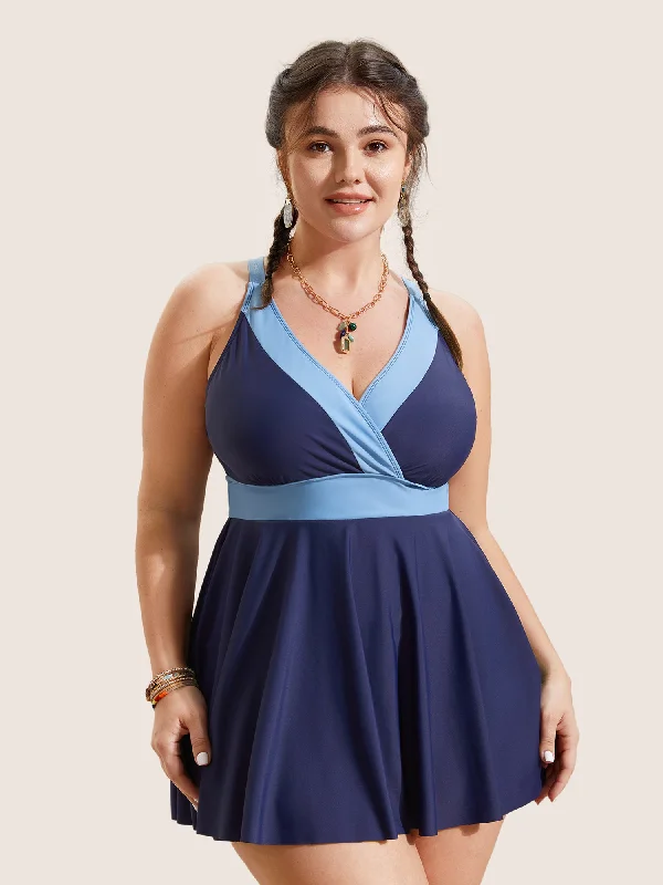 Two Tone Gathered Overlap Collar Swim Dress