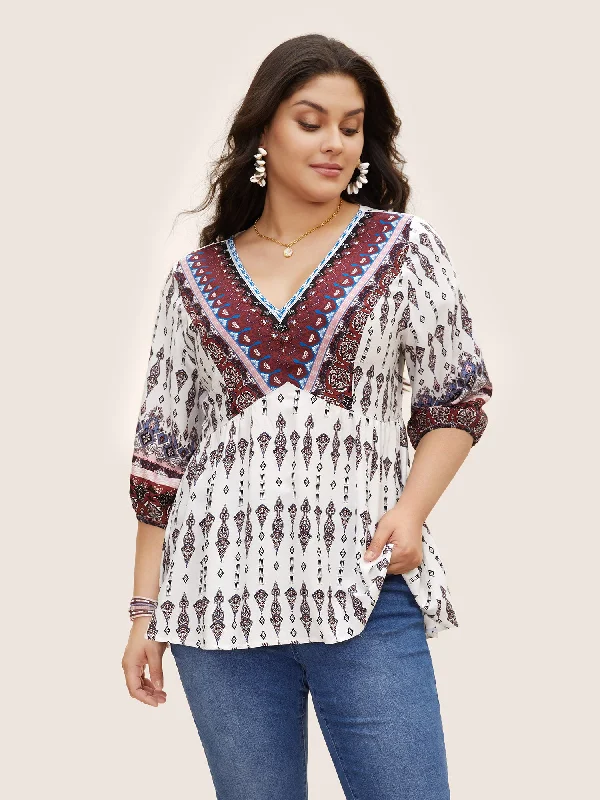 V Neck Boho Print Lantern Sleeve Blouse