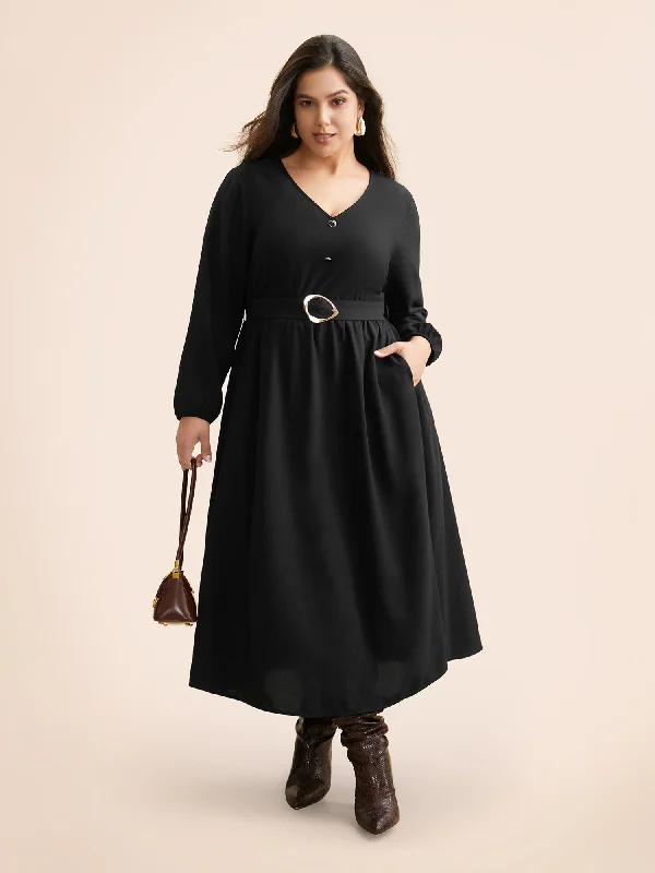 V Neck Button Detail Belted Dress