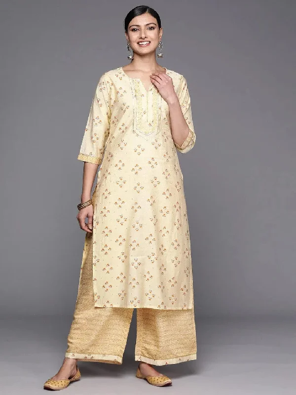 Yellow Printed Silk Blend Straight Kurta With Palazzos