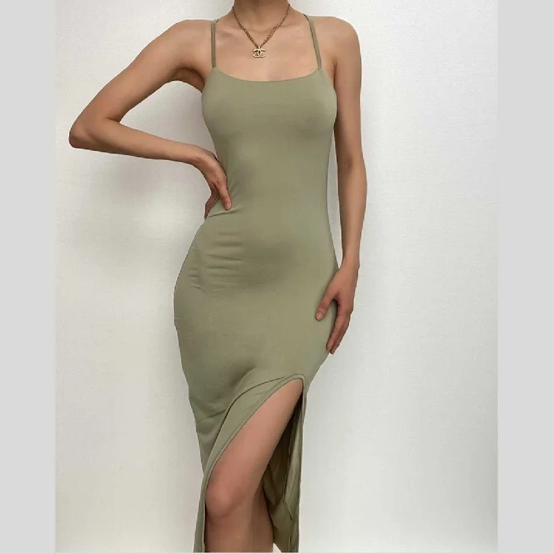 BerryBetty - Cross back solid slit backless sleeveless midi dress